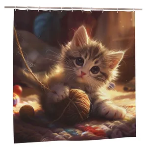 Orval Cute Kitten Playing Polyester Fabric Waterproof Shower Curtain