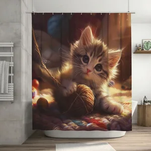 Orval Cute Kitten Playing Polyester Fabric Waterproof Shower Curtain