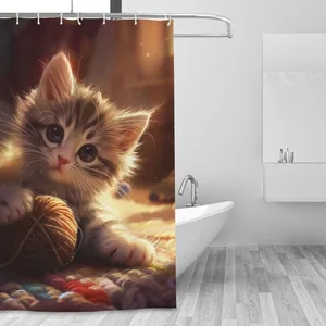 Orval Cute Kitten Playing Polyester Fabric Waterproof Shower Curtain