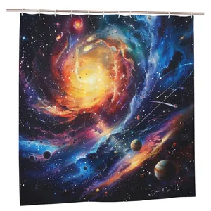 Orval Galaxy with Stars and Planets Polyester Fabric Waterproof Shower Curtain