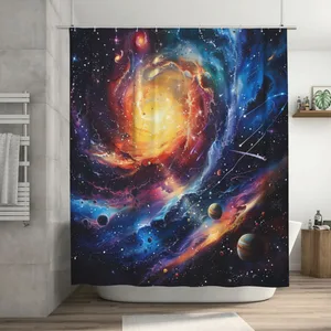 Orval Galaxy with Stars and Planets Polyester Fabric Waterproof Shower Curtain