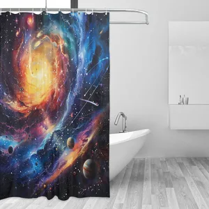 Orval Galaxy with Stars and Planets Polyester Fabric Waterproof Shower Curtain