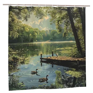 Orval Serene Lake with Ducks Polyester Fabric Waterproof Shower Curtain