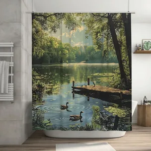 Orval Serene Lake with Ducks Polyester Fabric Waterproof Shower Curtain